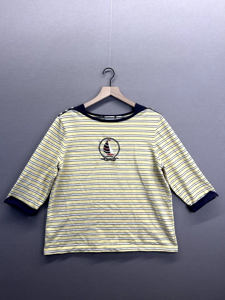 Camiseta Napa Valley feminina amarela listrada manga curta gola redonda tamanho grande - Imagem 1 de 4