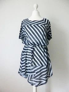 H&M Navy & White Asymmetric Striped Light Summer Long Tee, XS - Picture 1 of 15