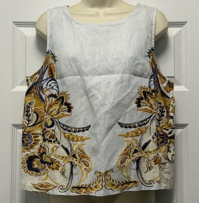 Женский топ Joie без рукавов 100% лен цветочный синий желтый размер большой квадратный - Изображение 1 из 4