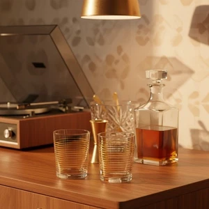 MCM Gold Stripe Lowball Glasses Set of 4 – Retro Whiskey Rocks Tumblers - Picture 1 of 15