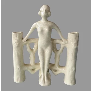 Vintage Figural Art Nouveau Deco 6.5" Art Pottery Porcelain Triple Bud Vase - Picture 1 of 6