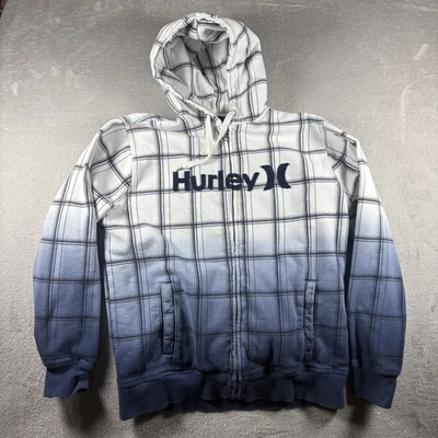 Sudadera con capucha vintage Hurley para hombre M azul blanco degradado a cuadros cremallera surf patín logotipo Y2K Foto 1 de 4