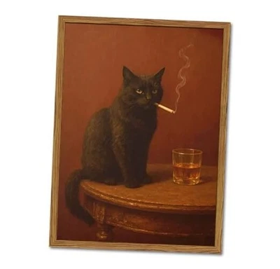 Framed Funny Wall Art, Vintage Moody Cat Pictures Wall 24"L x 16"W Black Cat - Image 1 of 4