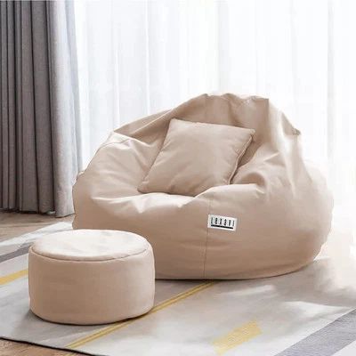 Luxus Sitzsackbezug mit Fußstütze Kunstleder XXXL Größe ohne Bohnen creme - Bild 1 von 4