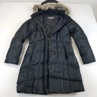 Abrigo Eddie Bauer Mujer Mediano Negro Plumón Puffer Largo Con Capucha Imitación Piel Parka Foto 1 de 4