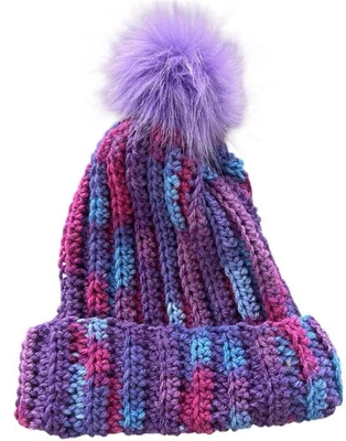 Crochet Ribbed Beanie With Faux Fur Pom Pom - Adult Size! Grape Fizz - Image 1 of 3