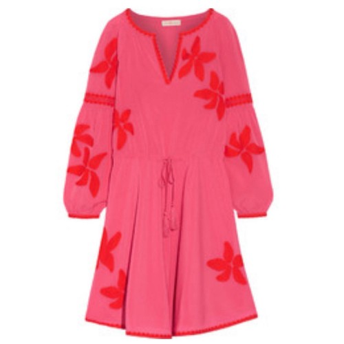 Abito contadino ricamato Tory Burch Sadie cravatta vita S rosa arancione