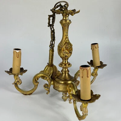 Vintage French 3 Arm Ornate Gold Colour Heavy Bronze Ceiling Light Chandelier - Image 1 of 4