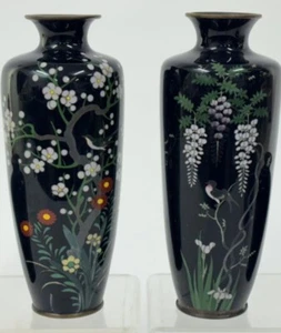 Nice Pair Antique Japanese Cloisonne Meiji Era Vases Vase Floral Birds - Picture 1 of 8