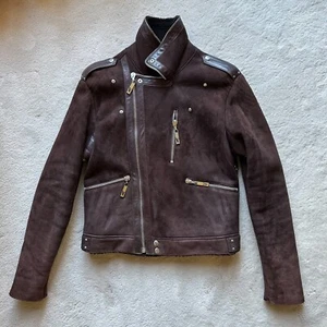 ULTRA RARE made in Italy VERSACE VJC Dark Brown SHEARLING Biker JACKET Size M - Picture 1 of 15