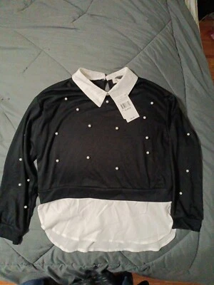 Girls XL 16 Speechless Kids Black White Dress Shirt Sweater Collared Pearls A 14 - Image 1 of 4