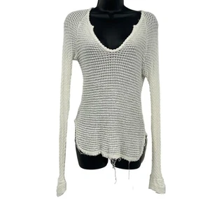 Elan Top Women's S White Thermal Waffle Knit Long Sleeve Split V Neck Raw Hem - Picture 1 of 10