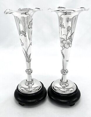 Chinese Export Silver Trumpet Posy Vase Pair By Wo Shing • 879$