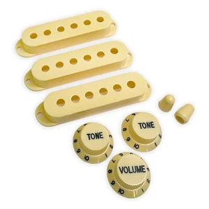 Vintage Strat PUP covers, switch tips, knobs set Aged White/Cream/Black Font - Picture 1 of 1