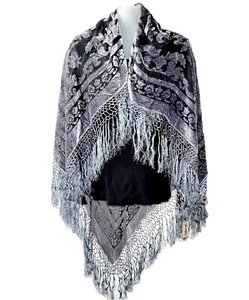 Maya Matazaro Seda Burnout Boutique Terciopelo Chal Bufanda Flecos Gris Difícil de Encontrar RARO ¡NUEVO CON ETIQUETAS! - Imagen 1 de 9