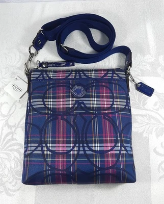 Bandolera Coach Poppy a Cuadros Azul/Rosa Brillo Tartán Swingpack Nueva con Etiquetas Foto 1 de 4
