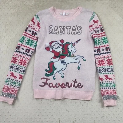 Suéter Campanas Navidad Feo Unicornio Favorito de Santa Rosa Rojo Verde Talla S Foto 1 de 4