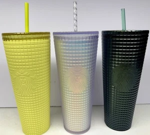 Lot (3) Starbucks Tumbler 24 oz Venti Iridescent Unicorn Grid Green Yellow Cold - Picture 1 of 16