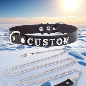 Necklace Vegan Leather Custom Chain Metal Leash BDSM Gift Choker Collar - Picture 1 of 17
