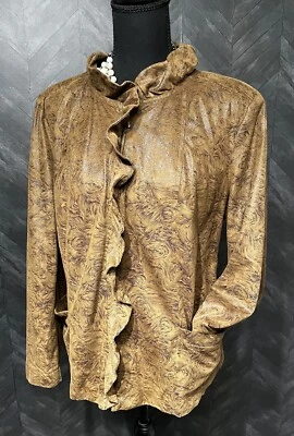 Elementz SZ 1X Women’s  Soft Brown Faux Suede Ruffle Full Zip Lined - Image 1 of 4