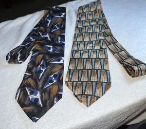 2X Cellini Linea Uomo Mens Ties 100% Silk Brown Multicolor Geometric Lot Of 2 - Picture 1 of 22