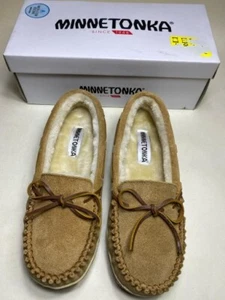 Minnetonka Women's Cinnamon Leather Faux Fur Slip On Comfort Flat Shoes Size 9M - Picture 1 of 6