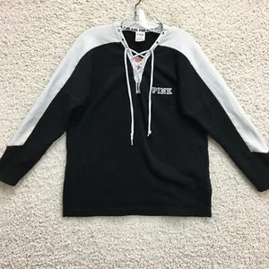 PINK Victorias Secret Sweater Medium Adult Black Lace Up V Neck Floral Womens M - Picture 1 of 12