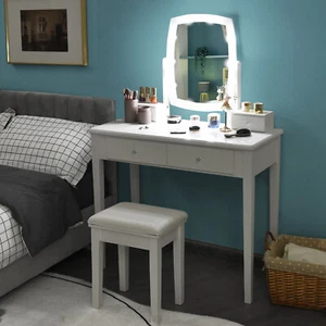 Vanity Table Set w/ Lighted Mirror Adjustable 4 Drawer 10 Bulbs Dresser White - Picture 1 of 7