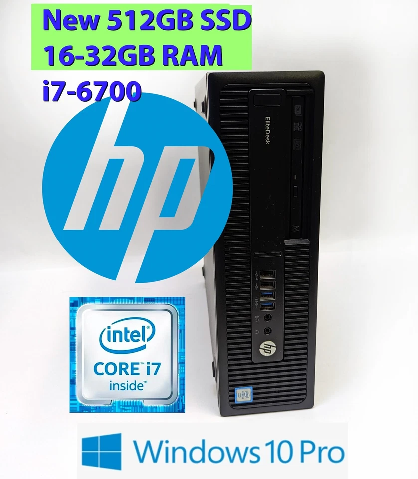 HP EliteDesk G2 800, i7-6700, 16-32GB, NEW 512GB SSD, Win 10 Pro SFF Desktop PC - Image 1 of 4