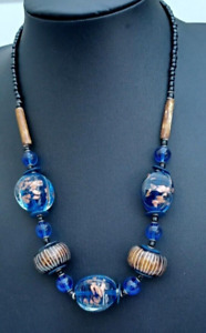Vintage Necklace Venetian Gold Foil Cobalt Blue Glass Beads &Black Seed beads
