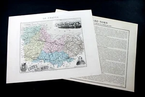 COTE DU NORD CARTE DEPARTEMENTALE FRANCE + RECIT HISTORIQUE XIXe Ed MIGEON 25x31 - Imagen 1 de 1