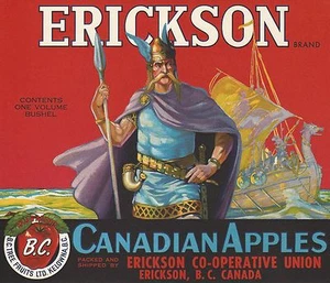 VECCHIA NAVE VICHINGA ORIGINALE 1940 "MARCA ERICKSON" APPLE BOX ETICHETTA ART ERICKSON B.C. - Foto 1 di 1