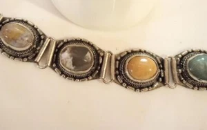 Mexico Alpaca Panel Bracelet Vintage Agate? Stones Various Colors GORGEOUS! - Picture 1 of 7