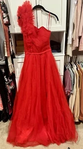 NEW Women’s Formal One Shoulder Ruffle Trim Tull Long Prom Dress Evening Gown M - Picture 1 of 12