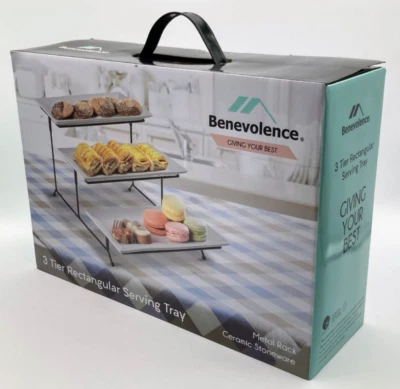 Benevolence 3-Tier Rectangular Serving Tray Set Ceramic Stoneware Metal Rack NIB - Image 1 of 4