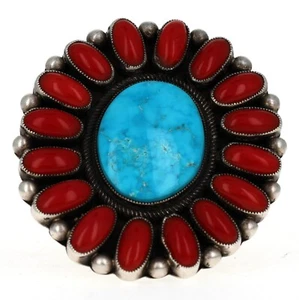 8 - Kingman Turquoise Ring With Coral Surround By Navajo Artist Calvin Martinez - Picture 1 of 5