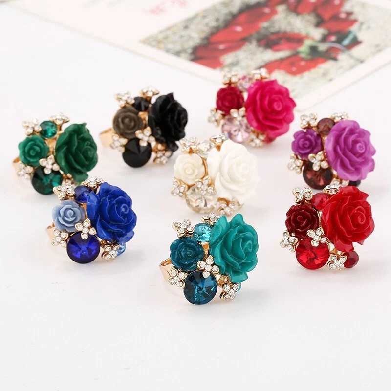 Adjustable Resin Rose Flower Ring for Women Bohemian Style Ethnic Jewelry - Image 1 of 4
