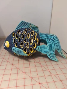 Vintage Heavy Cast Iron Painted Koi Fish Hanging Candle Lantern Holder - Picture 1 of 5