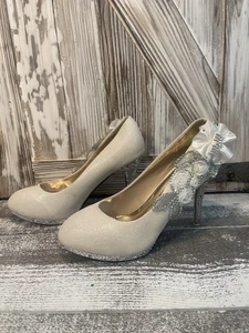 High Heels New Iridescent Sparkles Cream White With Gems Studs Bridal SZ 41 (10) - Picture 1 of 11