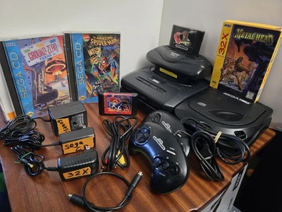 Sega CD 32X Genesis "Tower Of Power" all power cables 2 controllers and 5 games - Image 1 of 4