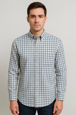Paul Fredrick Men Button-Down Shirt Blue Check 17-35 Classic Fit Non-Iron Cotton - Image 1 of 4