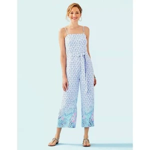 Lilly Pulitzer White Sea La Vie Wide Leg Belted Tank Sandra Jumpsuit Size 4 Prep - Picture 1 of 8