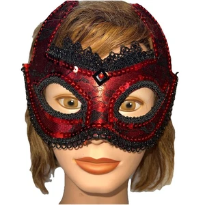 Masquerade Sequin Lace Devil Face Mask Red & Black Shiny Bling Halloween Party - Picture 1 of 7