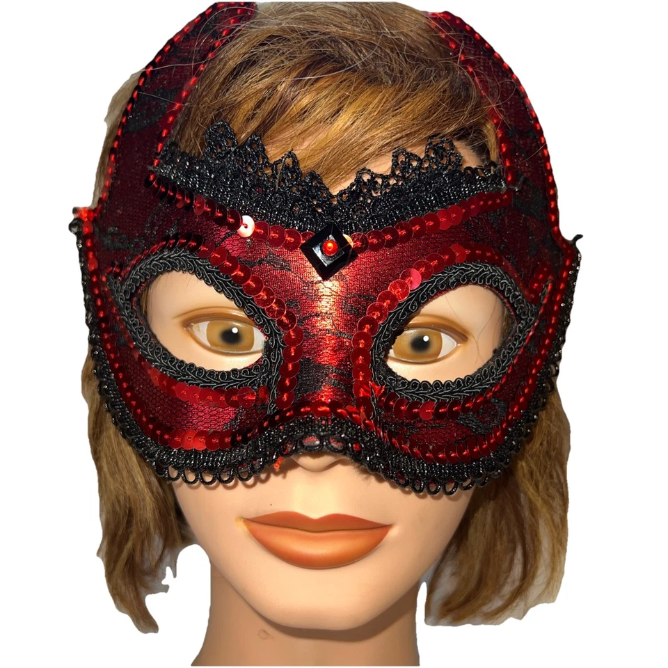 Masquerade Sequin Lace Devil Face Mask Red & Black Shiny Bling Halloween Party - Image 1 of 4