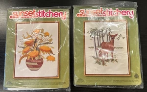 Lot Vtg Sunset Stitchery Indian Basket Bouquet & Doe And Fawn Embroidery Kit - Picture 1 of 12