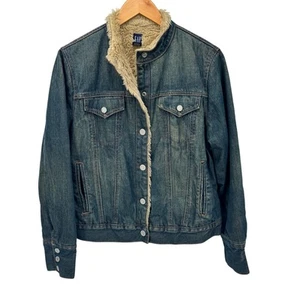 Vintage GAP Jacket Womens Large Blue Denim Sherpa Lined Button Up Faded Wash - Picture 1 of 10