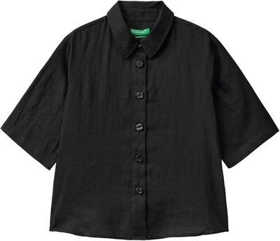 NUEVA Camisa United Colors Of Benetton Negra Lino Manga 3/4 Abotonada Talla M Foto 1 de 4