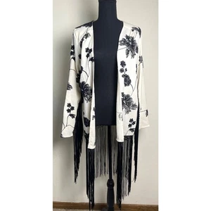 Lira CRTV Women's Fringe Kimono Ivory S Floral Western 70s Bohemian - Picture 1 of 24