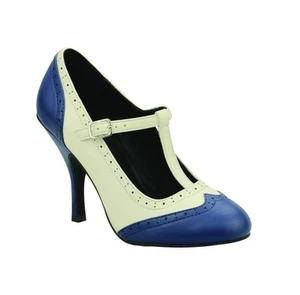 T.U.K. Pump A8678L Blau Cream Wingtip T-Strap Bombshell Heel - Picture 1 of 4
