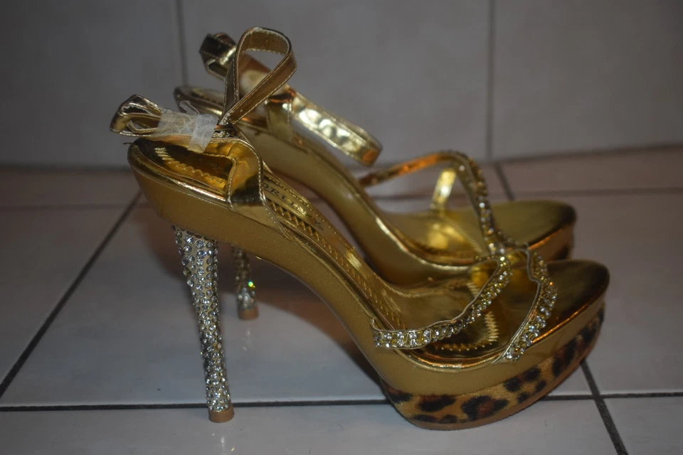Loreinxy  Sandaletten Strass Riemchen High Heels gold  Plateau Gr. 40 neu - Bild 1 von 4